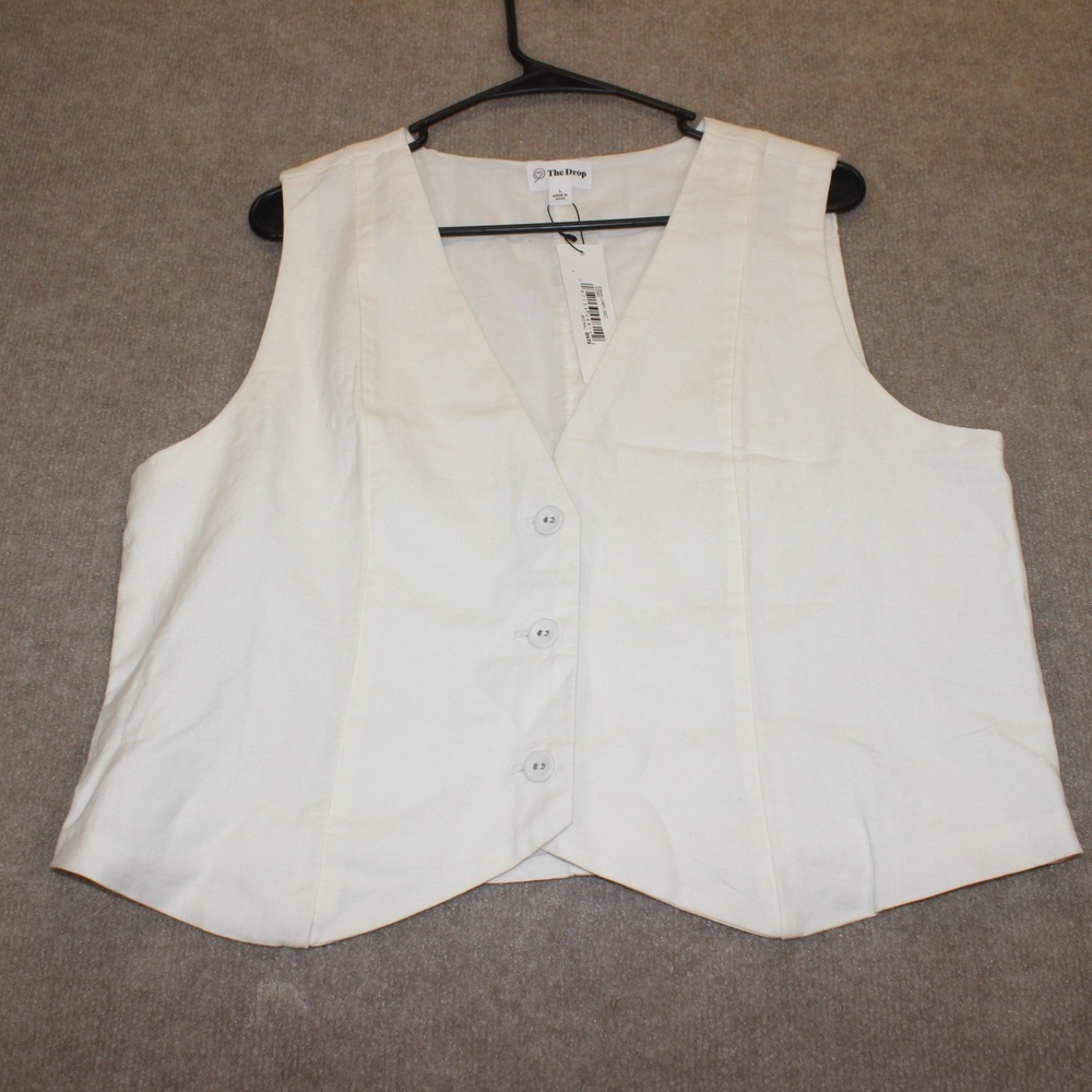 The Drop Womens White Linen Blend Tailored V-Neck Button Front Vest Size L NEW
